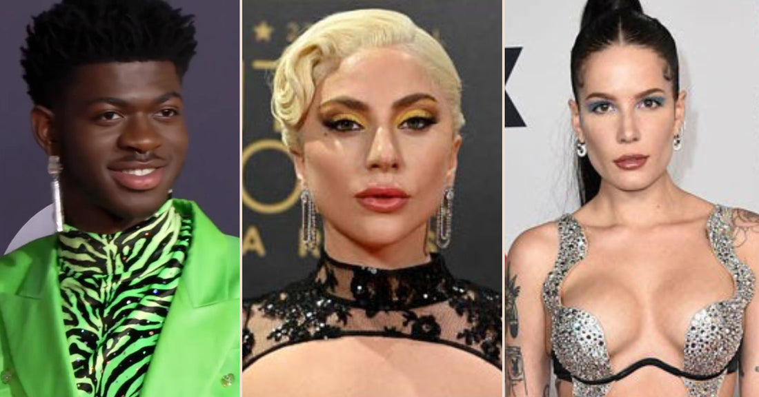 Image: Lil Nas X at the 2019 American Music Awards.png" by Cosmopolitan UK is marked with CC BY 3.0./ @ladygaga on Instagram/ @iamhalsey on Instagram